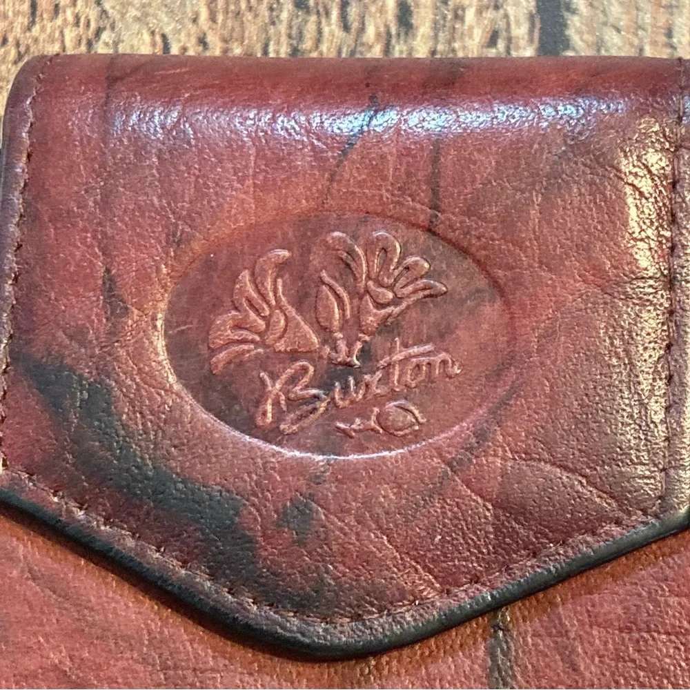 Buxton Vintage Marbled Mahogany Leather Bifold‎ Kisslock Coin Pouch Wallet